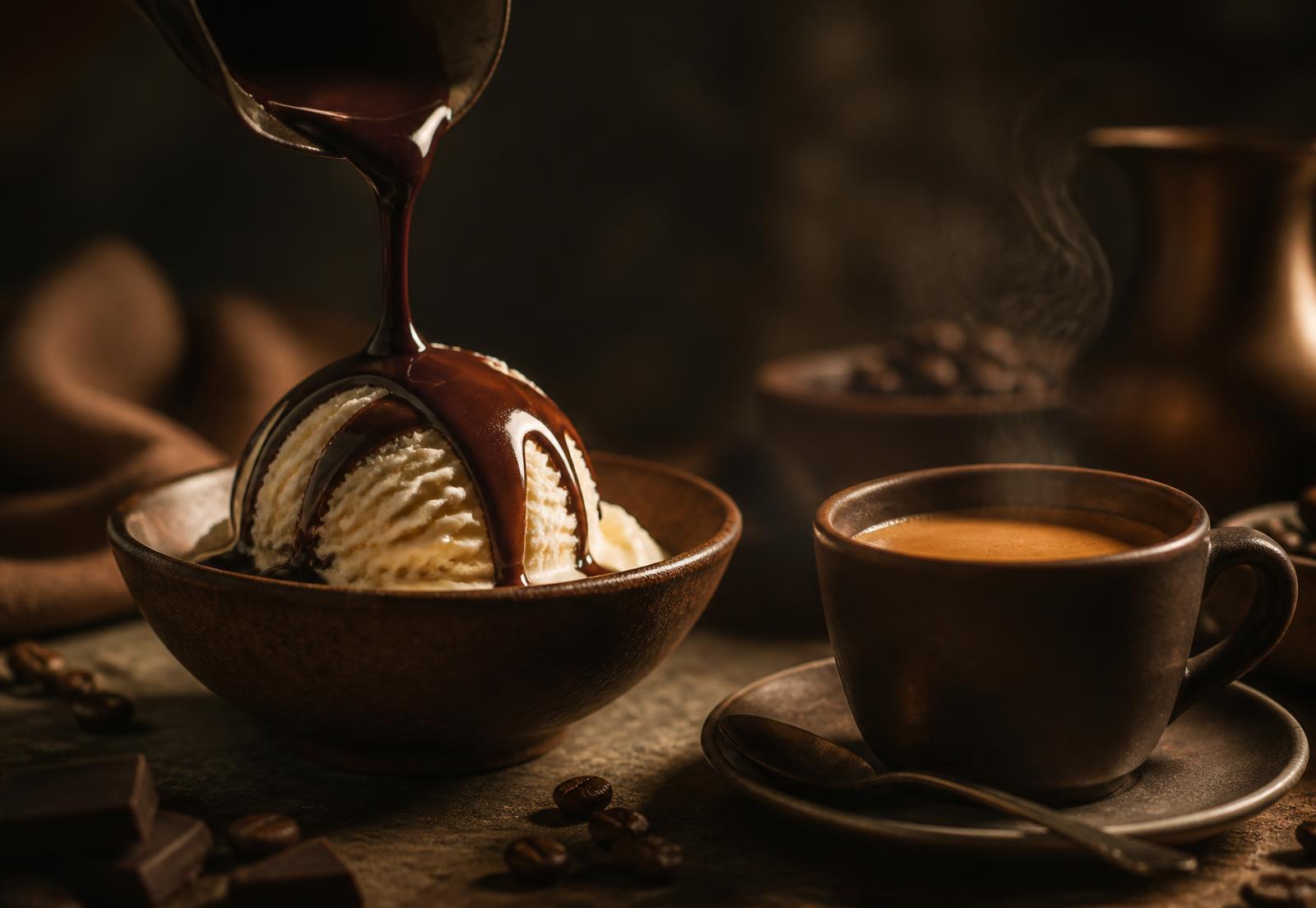 Warm chocolate poured over ice cream beside a cup of espresso